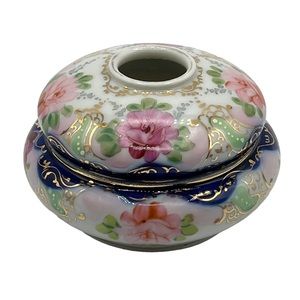 Antique Victorian Handpainted Gold Gilt Rose Flower Hair Receiver Powder Jar
